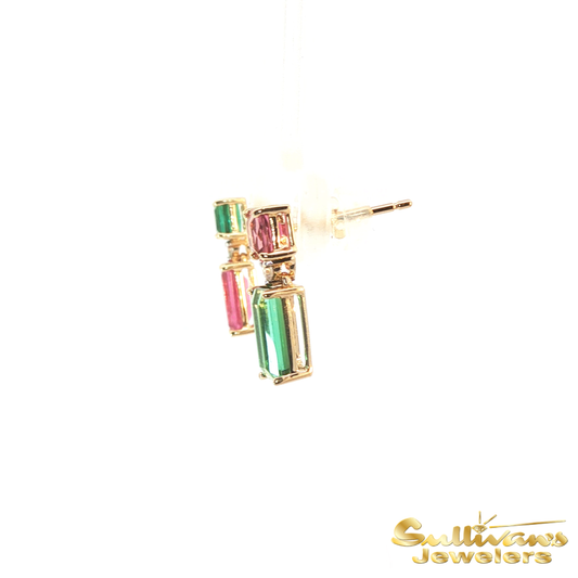 14K Yellow Gold Reverse Bicolor Tourmaline Dangle Earrings