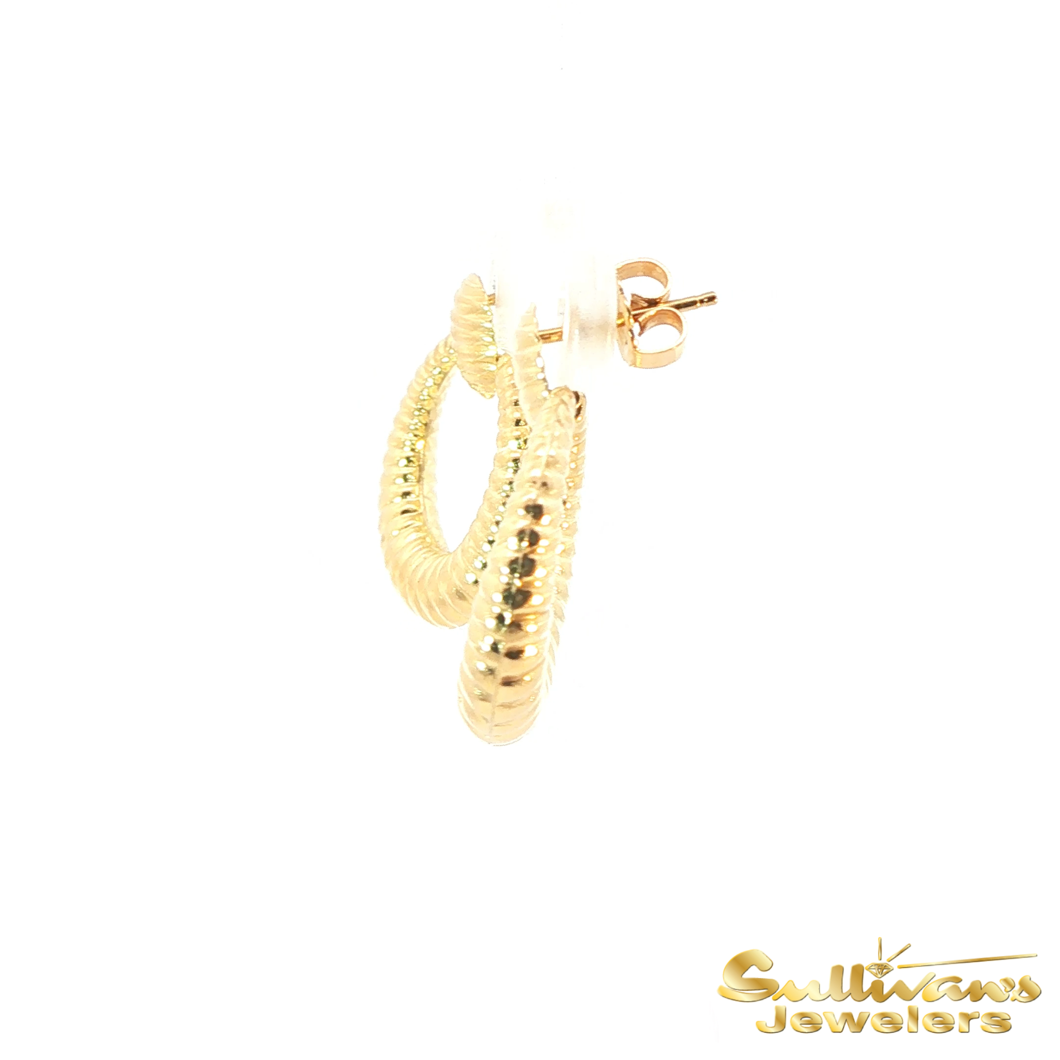 14K Yellow Gold Circle Ribbed Drop Earrings