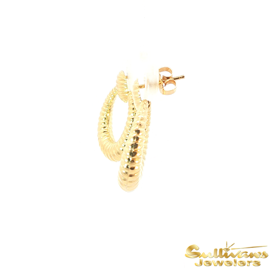 14K Yellow Gold Circle Ribbed Drop Earrings