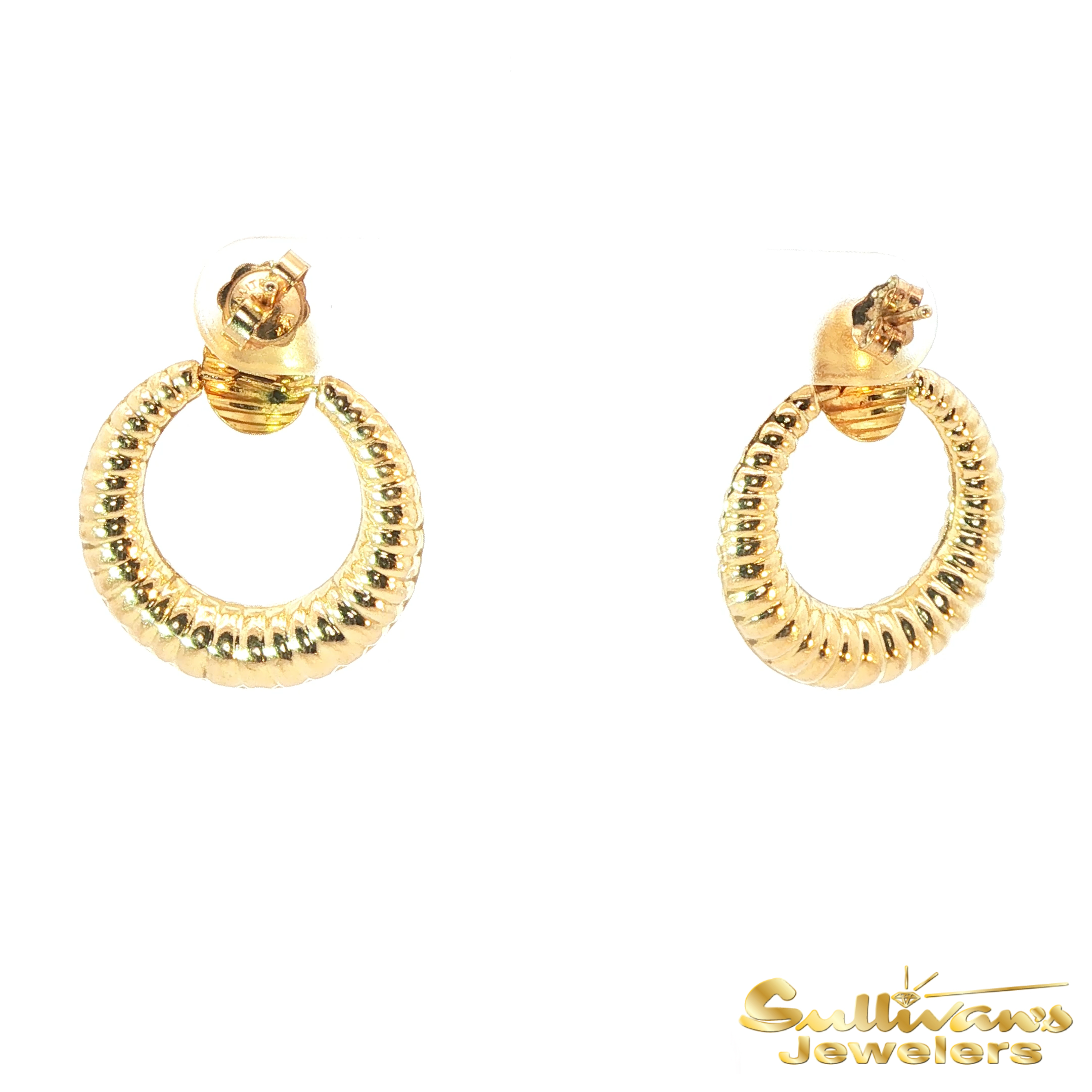14K Yellow Gold Circle Ribbed Drop Earrings