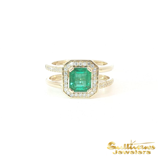 14K Yellow Gold Emerald Halo Ring