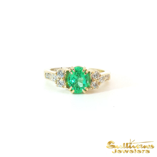 14K Yellow Gold Oval Emerald and Diamond Ring