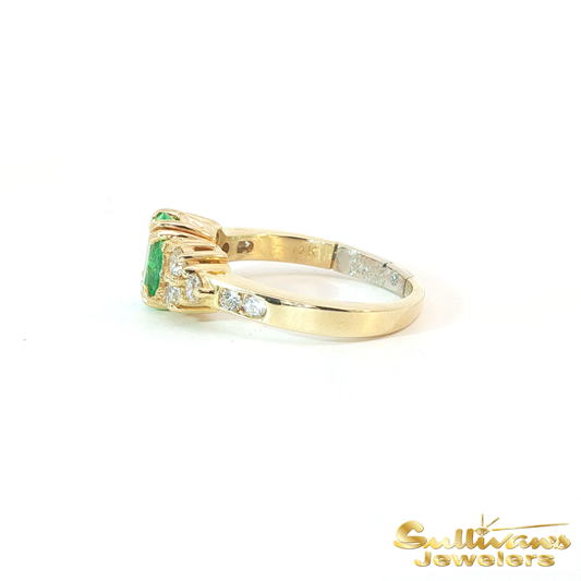 14K Yellow Gold Oval Emerald and Diamond Ring