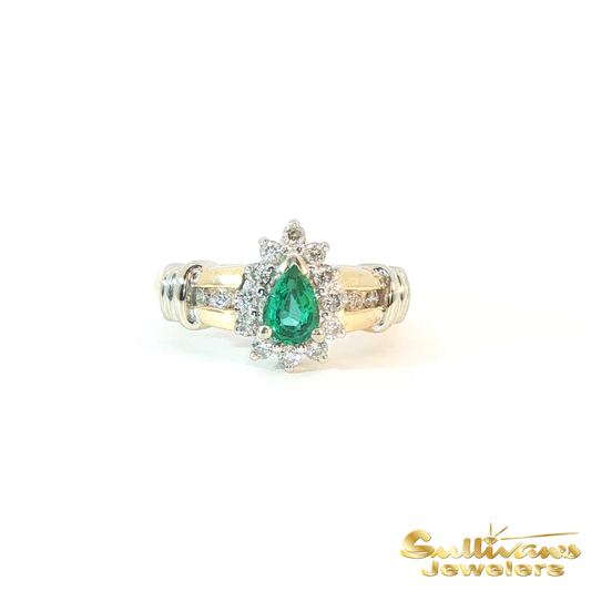 14K Two Tone Gold Pear-Cut Emerald Halo Ring