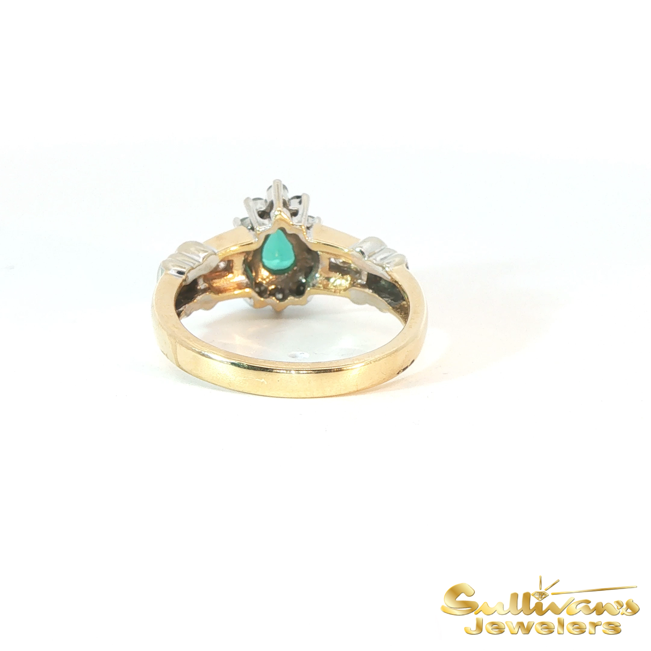 14K Two Tone Gold Pear-Cut Emerald Halo Ring