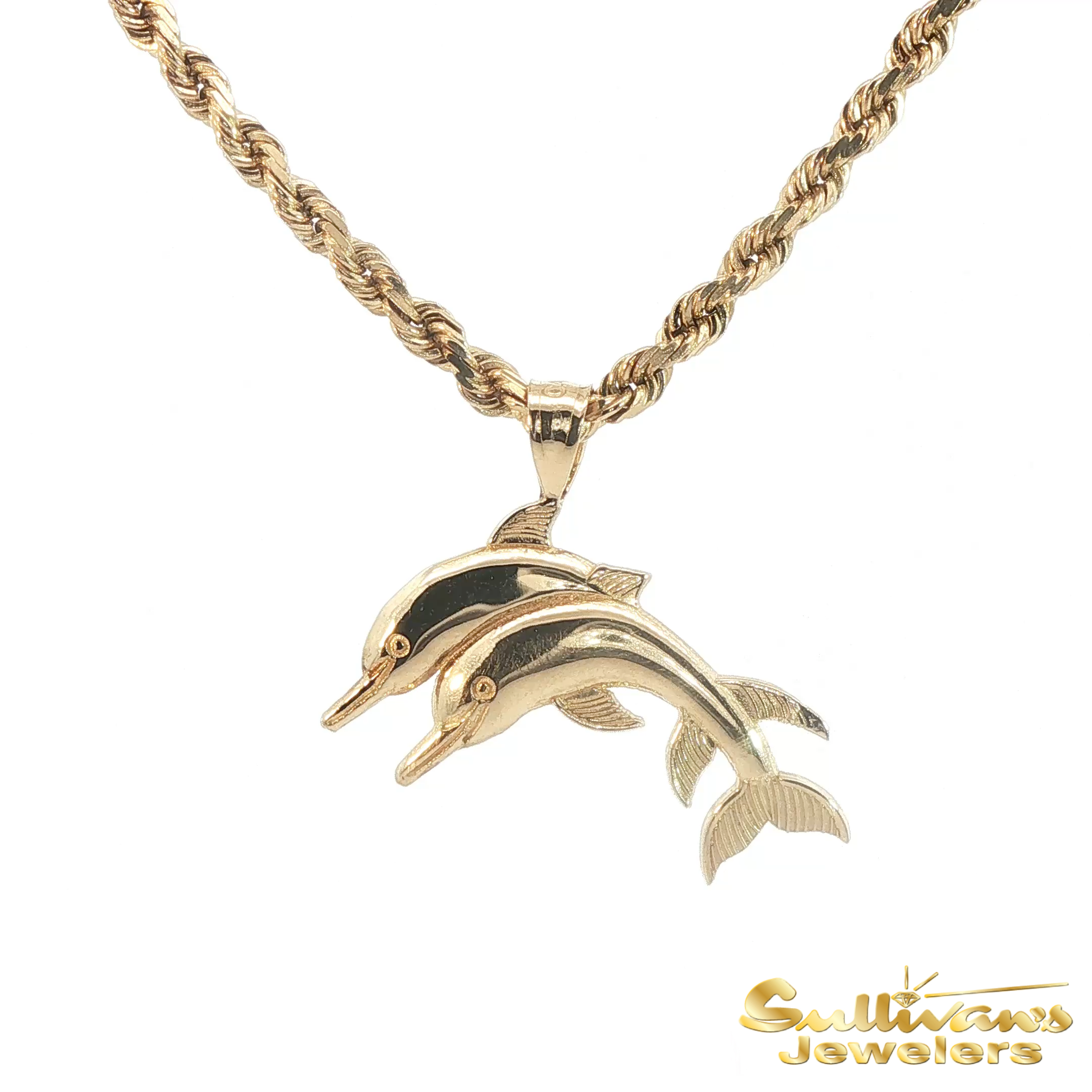 14K Yellow Gold Double Dolphin Pendant