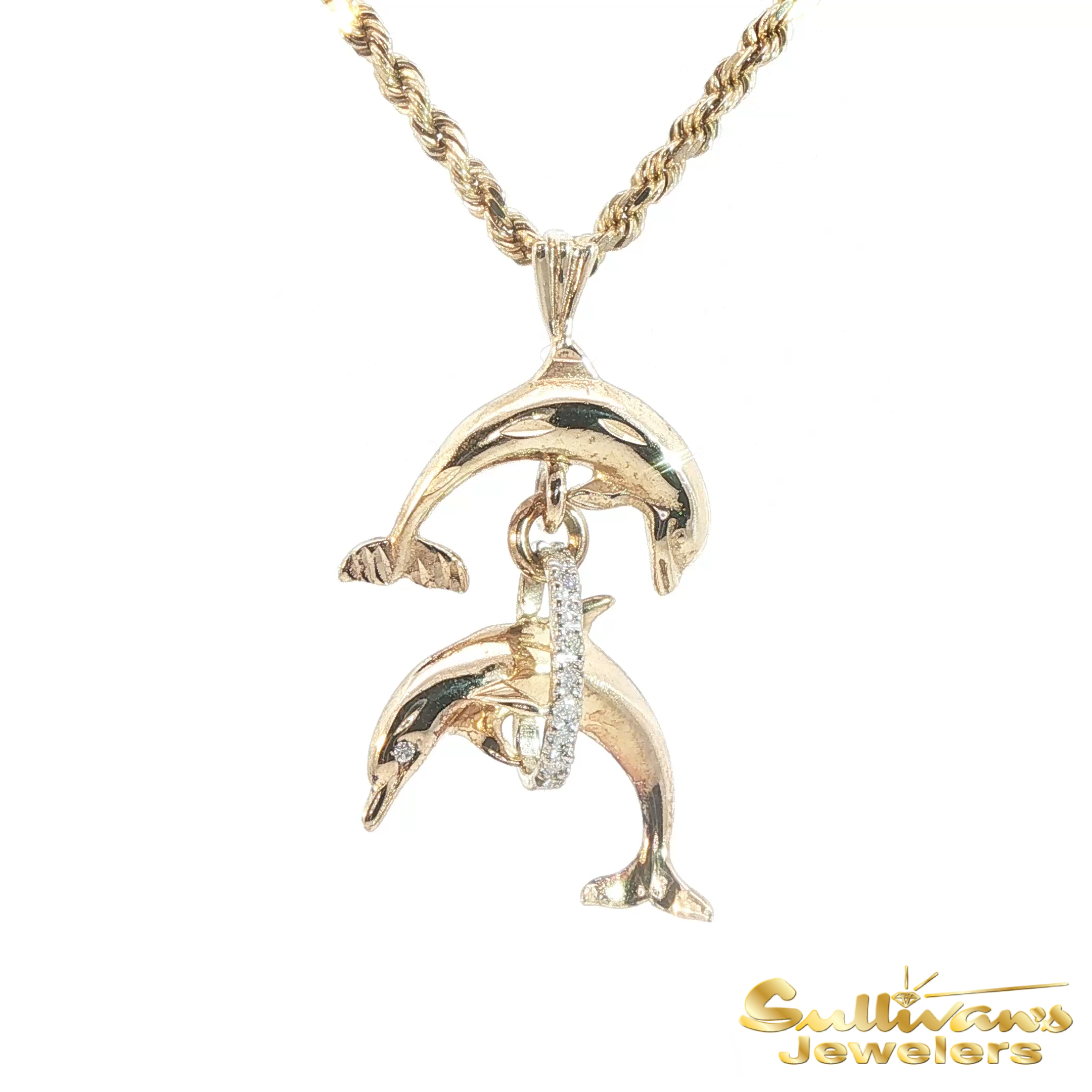 14K Two-Tone Diamond Dolphin Pendant