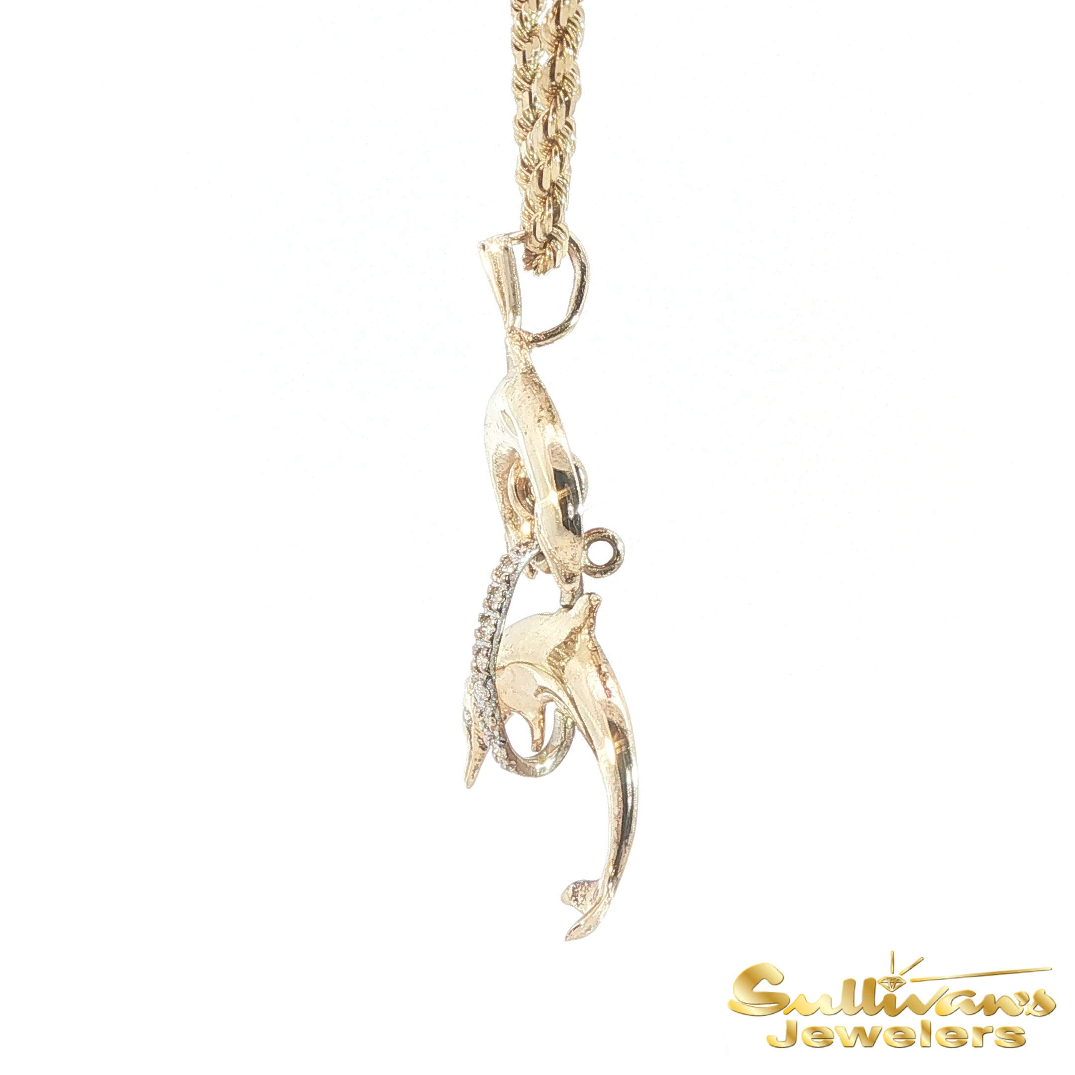 14K Two-Tone Diamond Dolphin Pendant