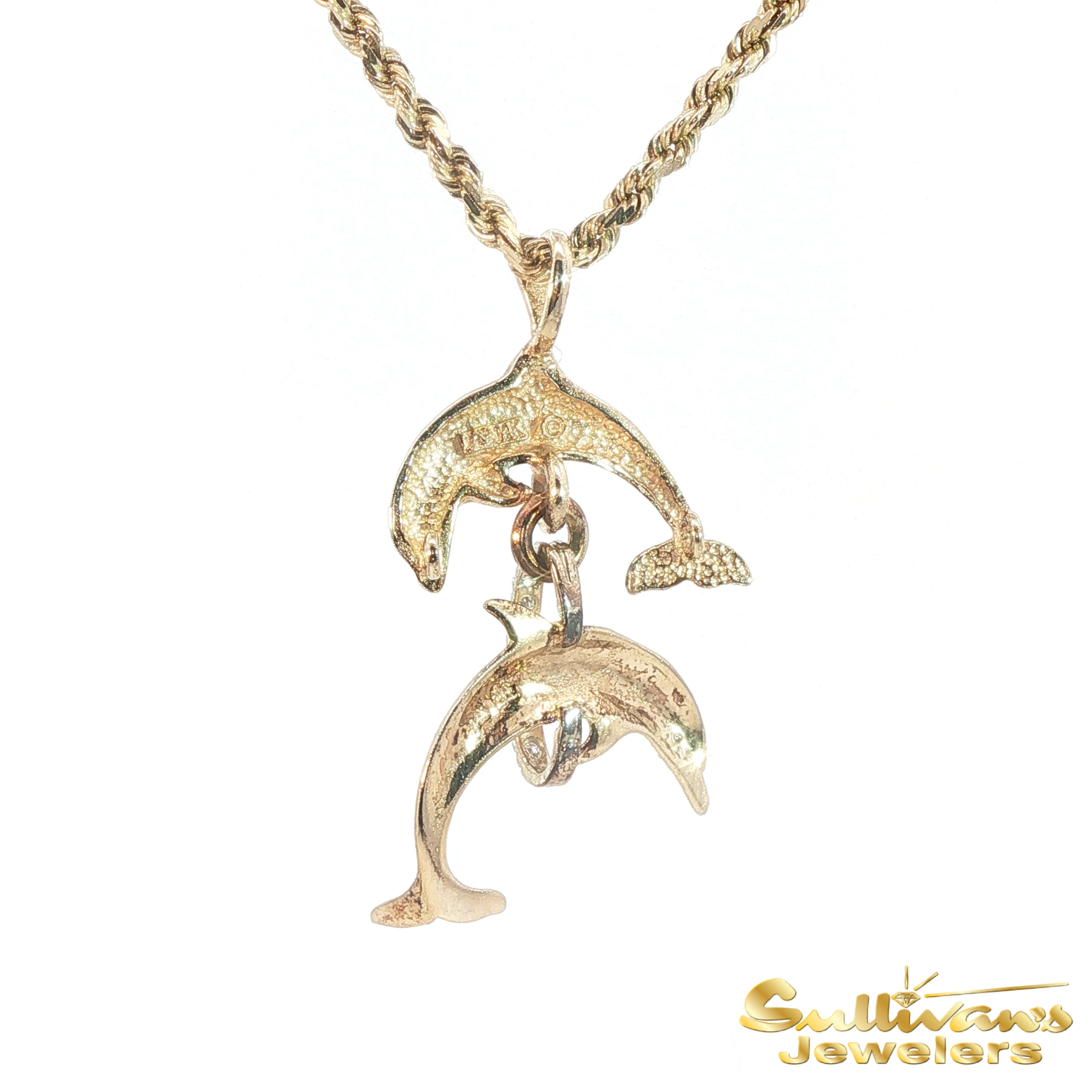 14K Two-Tone Diamond Dolphin Pendant