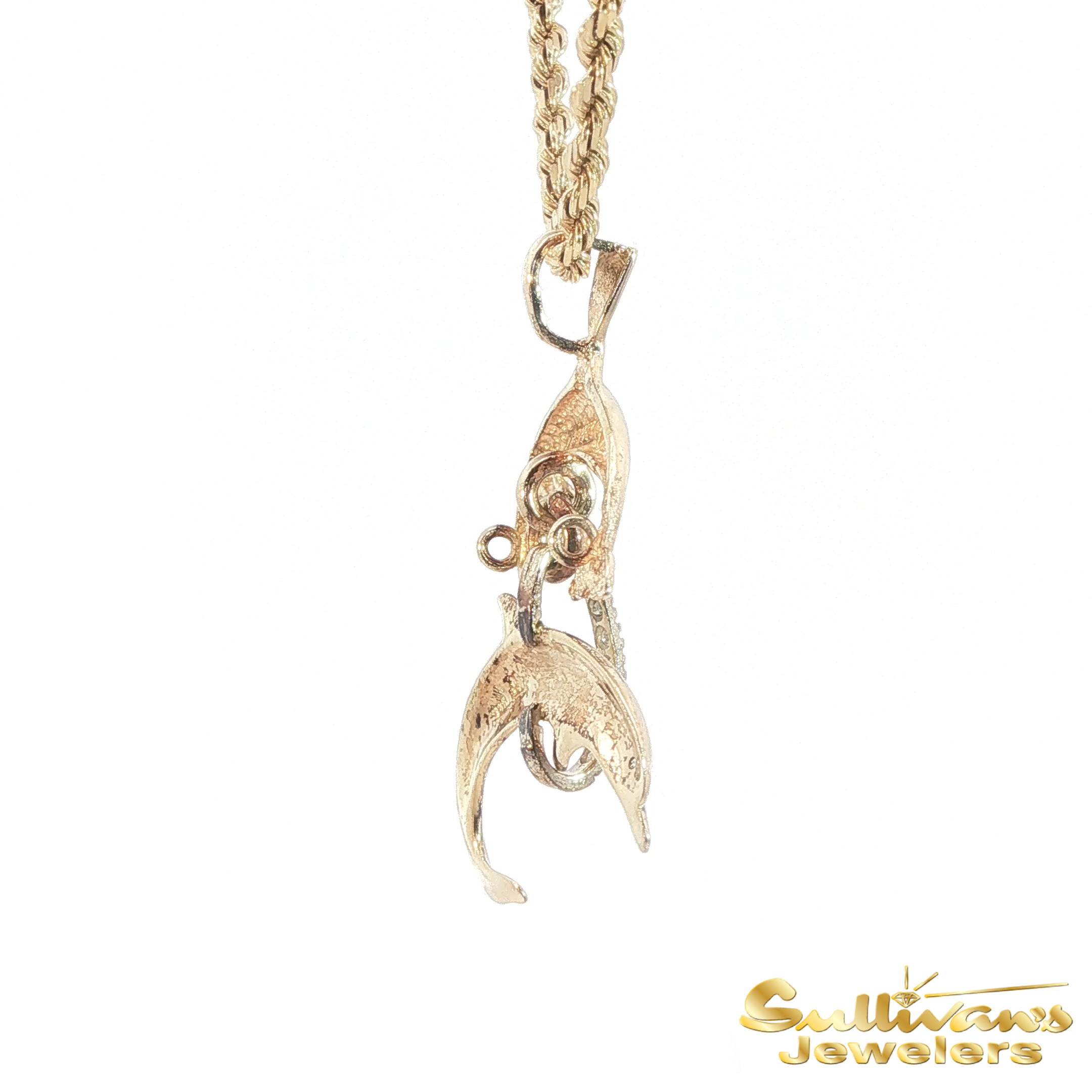 14K Two-Tone Diamond Dolphin Pendant