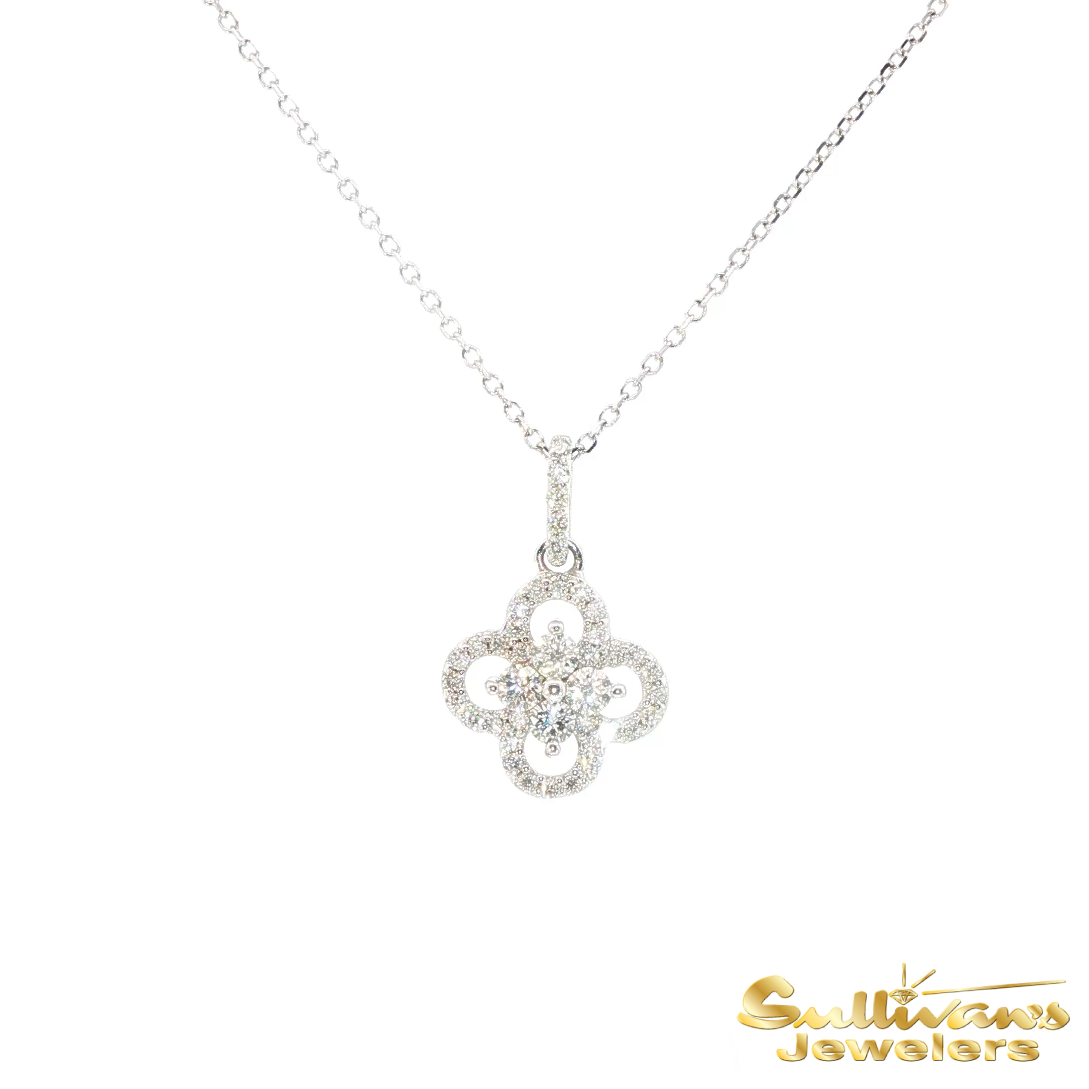 14K White Gold Clover Diamond Cluster Pendant