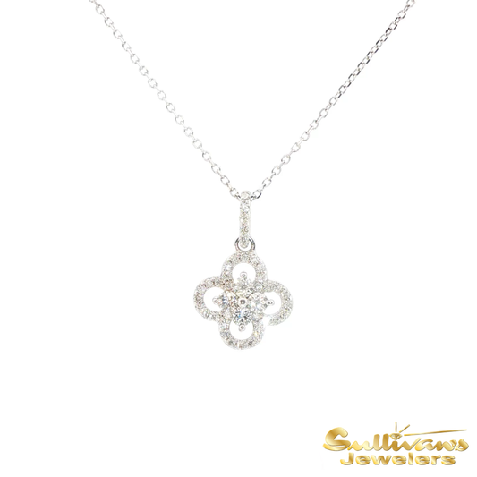 14K White Gold Clover Diamond Cluster Pendant