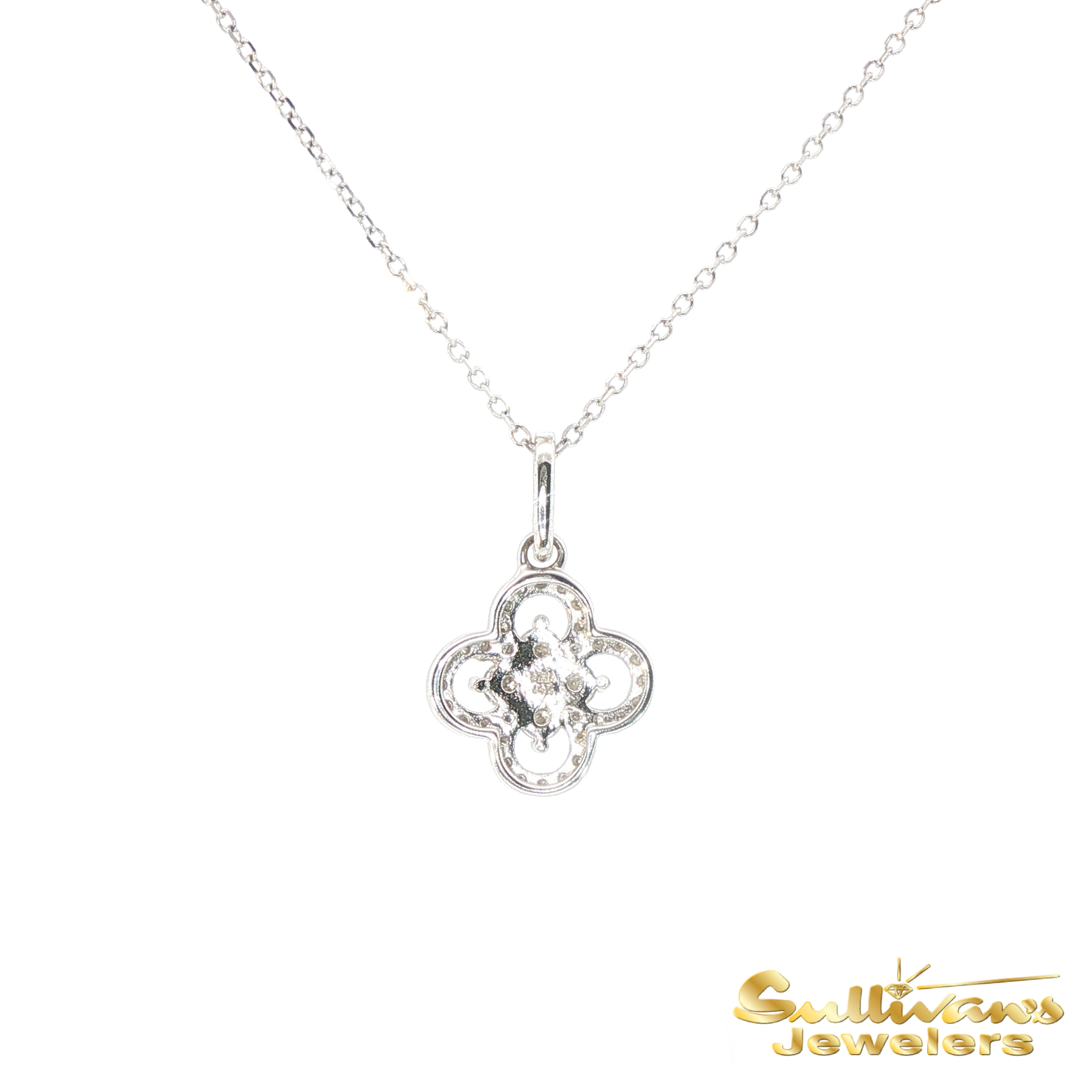 14K White Gold Clover Diamond Cluster Pendant