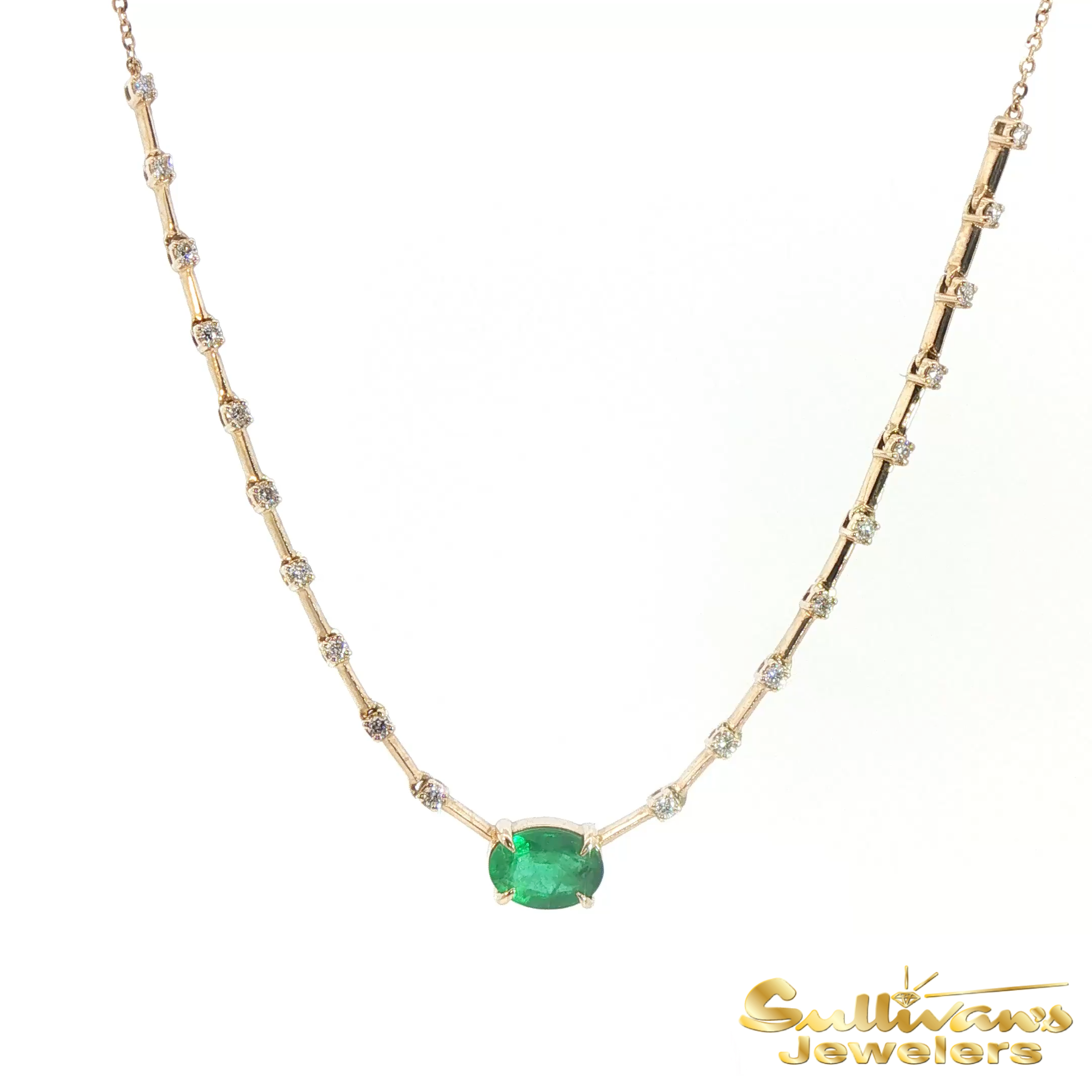 14K Yellow Gold Emerald Diamond Bar Necklace