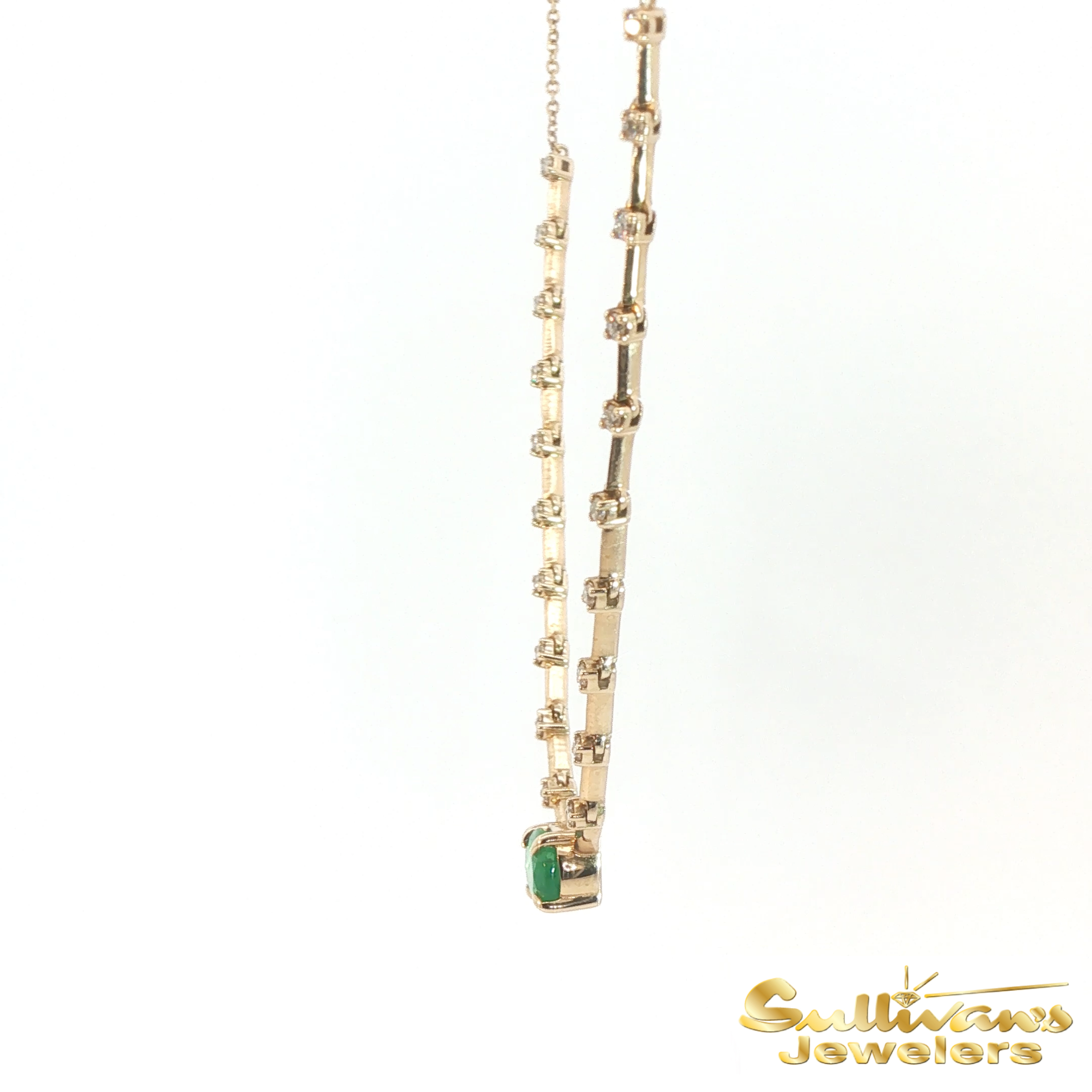14K Yellow Gold Emerald Diamond Bar Necklace
