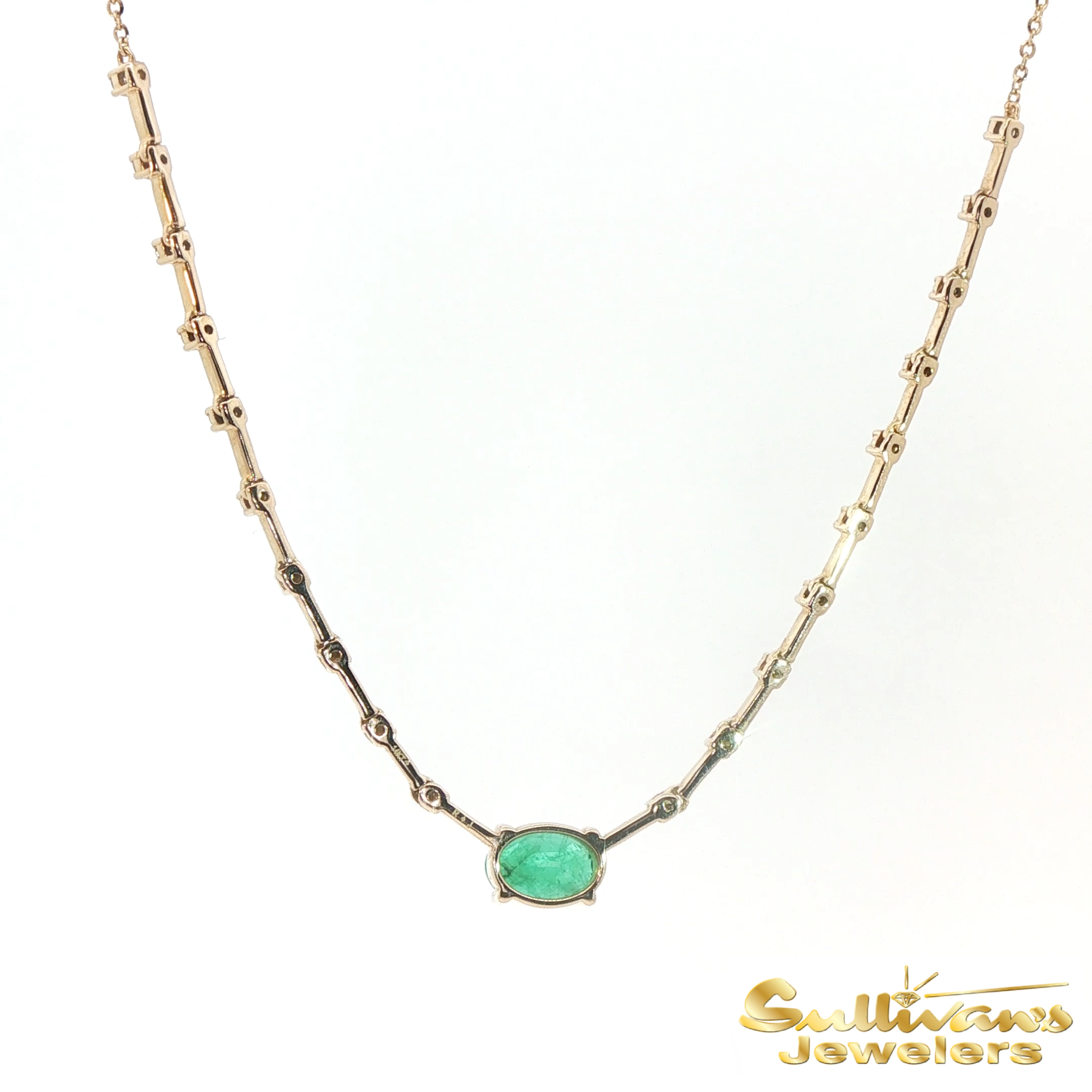 14K Yellow Gold Emerald Diamond Bar Necklace