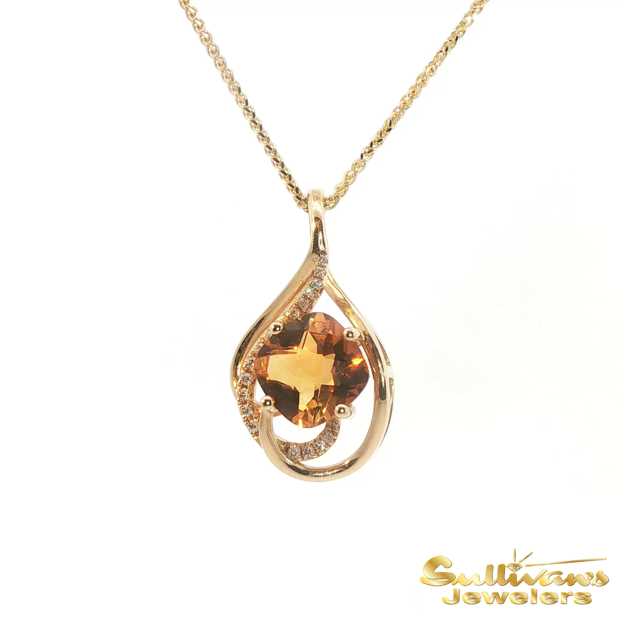 14K Yellow Gold Checkerboard Citrine Swirl Pendant