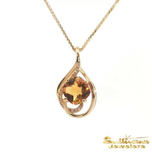 14K Yellow Gold Checkerboard Citrine Swirl Pendant
