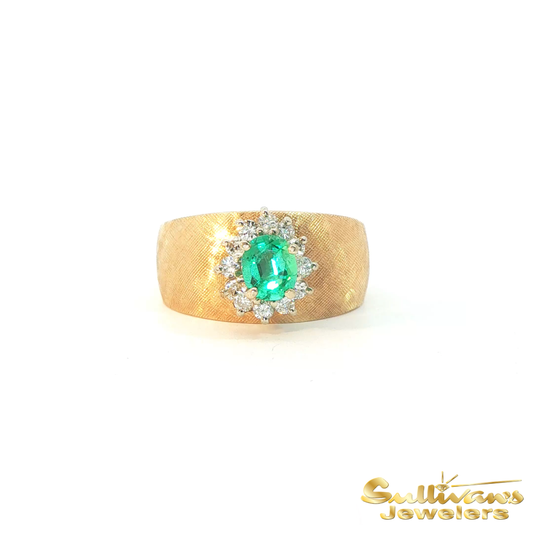 14K Yellow Gold Etched Emerald Halo Ring