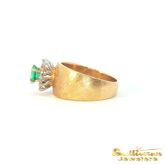 14K Yellow Gold Etched Emerald Halo Ring