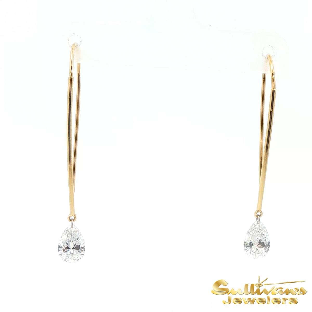 14K Yellow Gold Pear Diamond Wire Drop Earrings