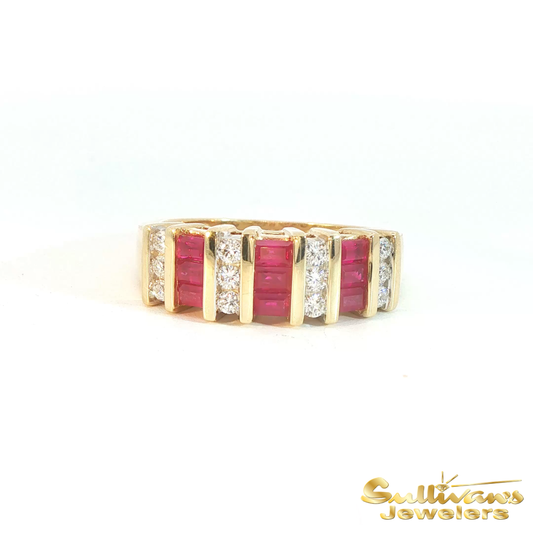 14K Yellow Gold Channel Ruby and Diamond Ring
