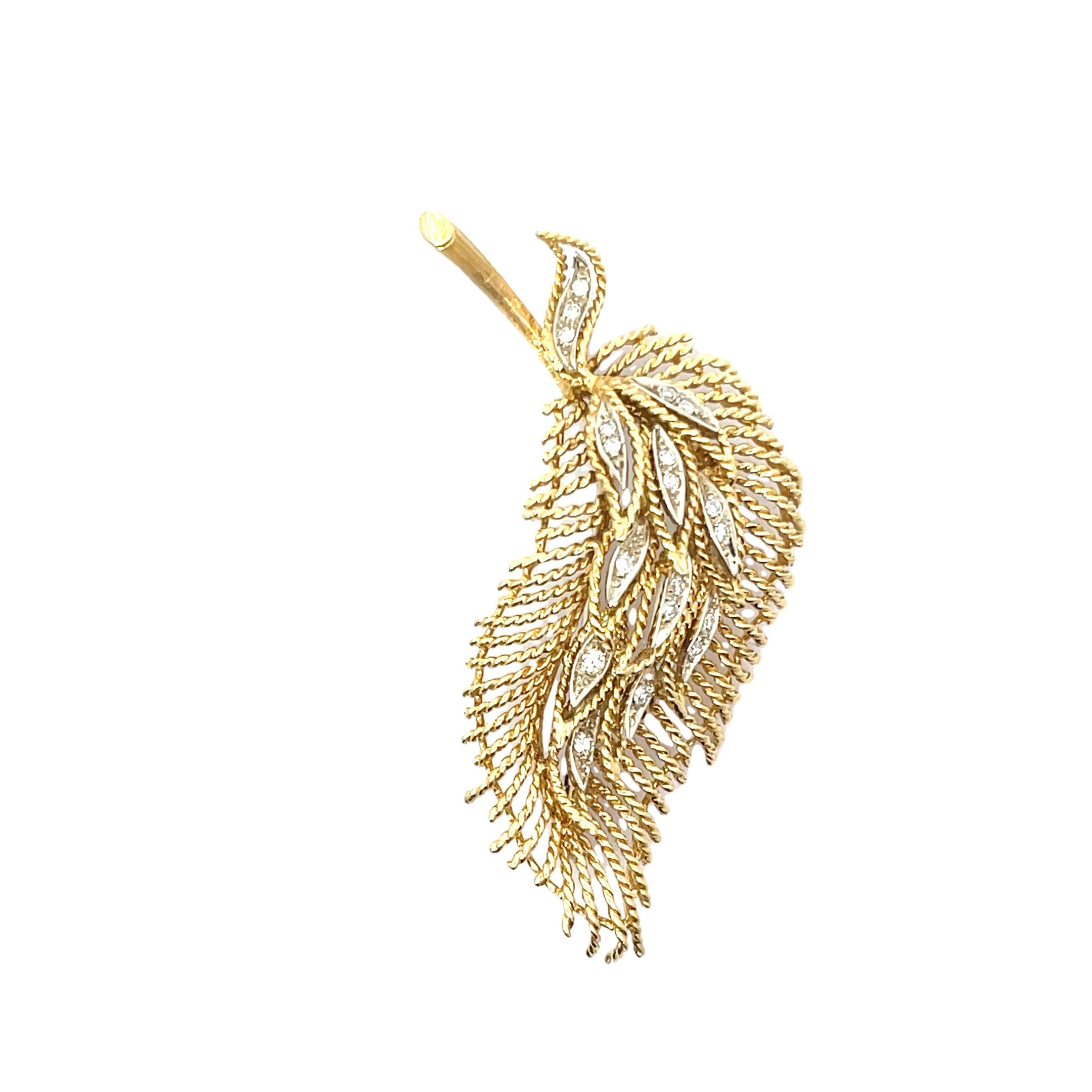 18K Yellow Gold and Diamond Leaf Brooch