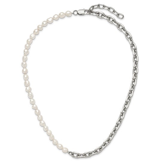 Stainless Steel Open Link and Baroque Pearl Necklace