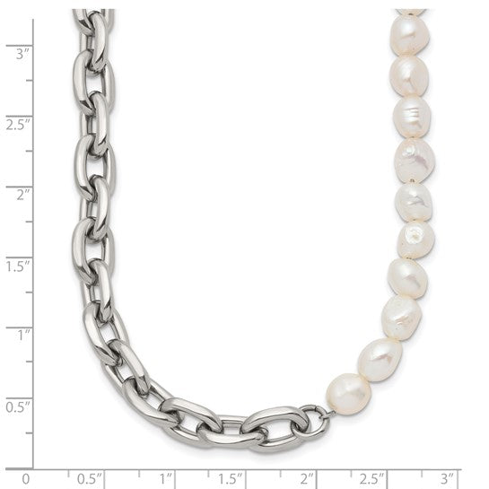 Stainless Steel Open Link and Baroque Pearl Necklace