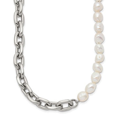 Stainless Steel Open Link and Baroque Pearl Necklace