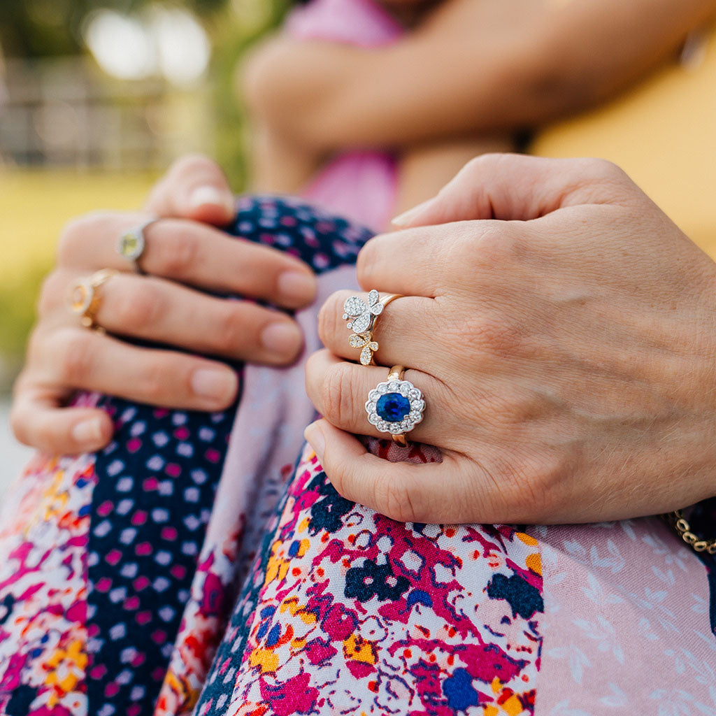 18K Two Tone Sapphire with Diamond Halo Ring