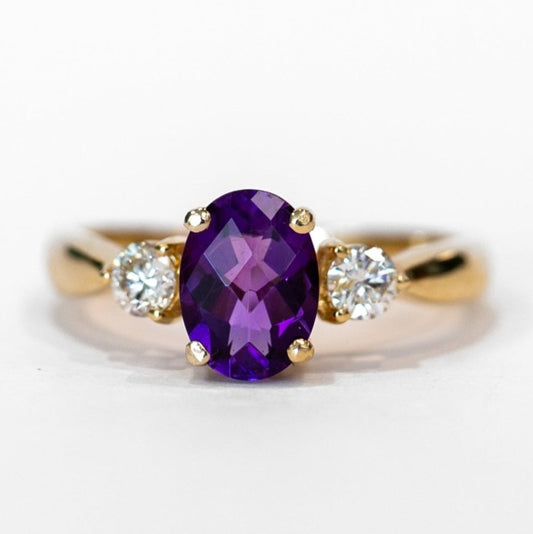 14K Yellow Gold Three Stone Amethyst and Diamond Ring