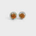 Load and play video in Gallery viewer, 14K White Gold Citrine and Diamond Halo Stud Earrings
