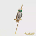 Load and play video in Gallery viewer, 14K Yellow Gold Owl Brooch with Round Cabochon Emerald Eyes
